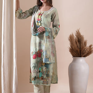 Floral Printed Sea Shell & Sequinned Cutwork Lace Embellished Kurta with Pants & Dupatta - Beige