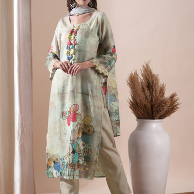 Floral Printed Sea Shell & Sequinned Cutwork Lace Embellished Kurta with Pants & Dupatta - Beige
