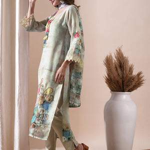 Floral Printed Sea Shell & Sequinned Cutwork Lace Embellished Kurta with Pants & Dupatta - Beige