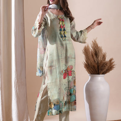 Floral Printed Sea Shell & Sequinned Cutwork Lace Embellished Kurta with Pants & Dupatta - Beige