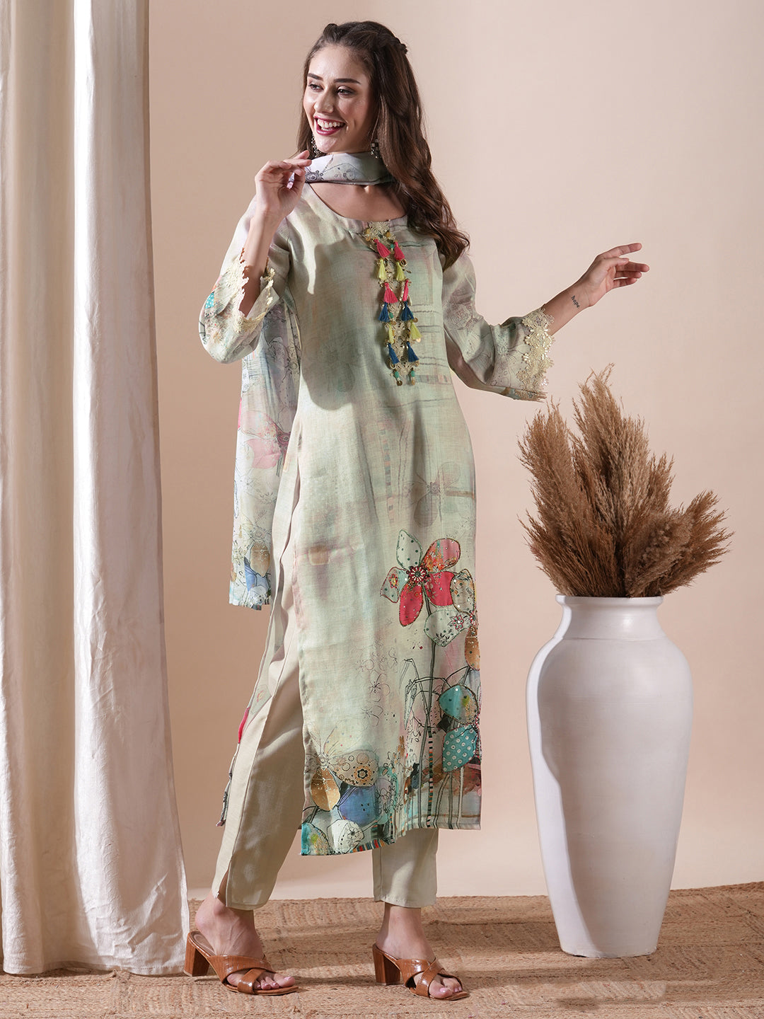 Floral Printed Sea Shell & Sequinned Cutwork Lace Embellished Kurta with Pants & Dupatta - Beige