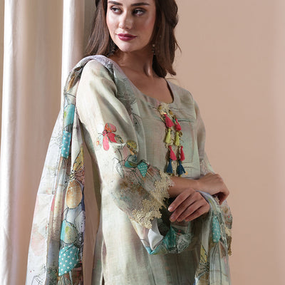 Floral Printed Sea Shell & Sequinned Cutwork Lace Embellished Kurta with Pants & Dupatta - Beige