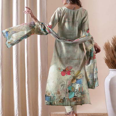 Floral Printed Sea Shell & Sequinned Cutwork Lace Embellished Kurta with Pants & Dupatta - Beige
