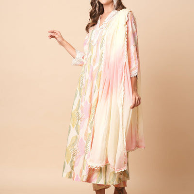 Abstract Floral Printed & Embroidered Anarkali Kurta with Pant & Dupatta - Off White