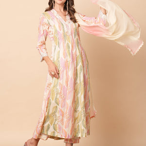 Abstract Floral Printed & Embroidered Anarkali Kurta with Pant & Dupatta - Off White