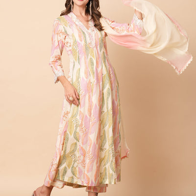 Abstract Floral Printed & Embroidered Anarkali Kurta with Pant & Dupatta - Off White