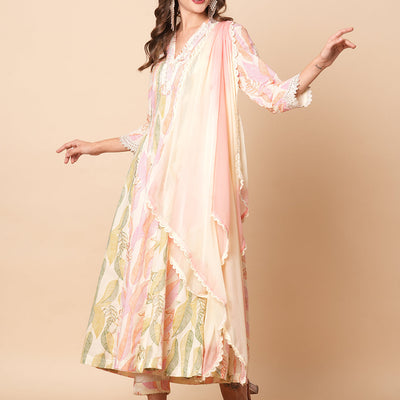 Abstract Floral Printed & Embroidered Anarkali Kurta with Pant & Dupatta - Off White