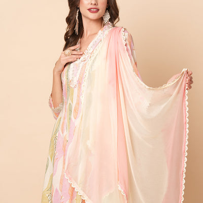 Abstract Floral Printed & Embroidered Anarkali Kurta with Pant & Dupatta - Off White