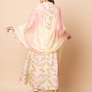 Abstract Floral Printed & Embroidered Anarkali Kurta with Pant & Dupatta - Off White