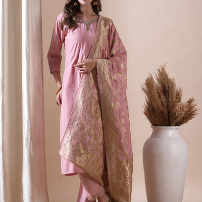 Ethnic Hand Embroidered Straight Fit Kurta with Pant and Brocade Dupatta - Pink