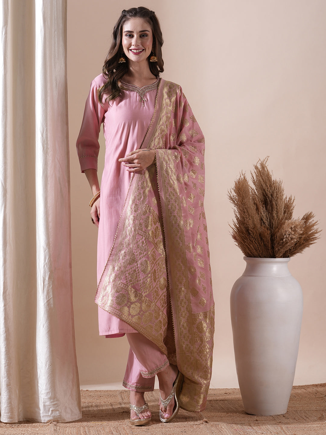 Ethnic Hand Embroidered Straight Fit Kurta with Pant and Brocade Dupatta - Pink