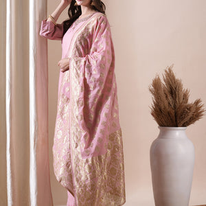 Ethnic Hand Embroidered Straight Fit Kurta with Pant and Brocade Dupatta - Pink