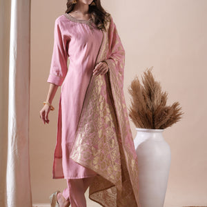 Ethnic Hand Embroidered Straight Fit Kurta with Pant and Brocade Dupatta - Pink