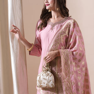 Ethnic Hand Embroidered Straight Fit Kurta with Pant and Brocade Dupatta - Pink