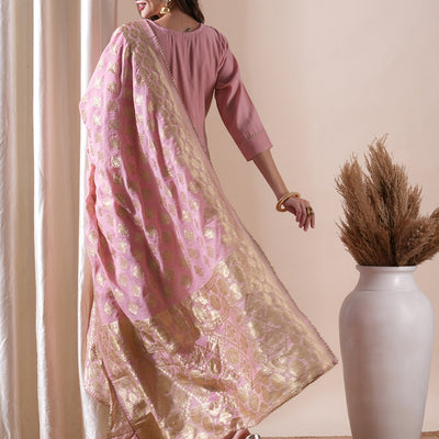 Ethnic Hand Embroidered Straight Fit Kurta with Pant and Brocade Dupatta - Pink