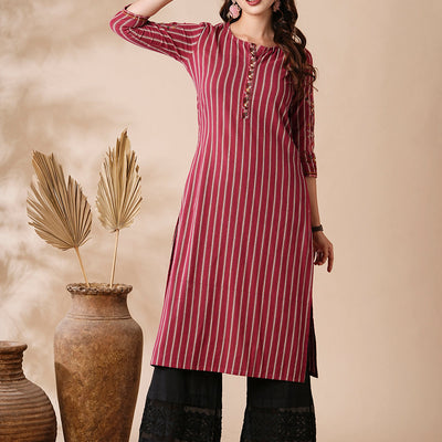 Stripes Printed Resham & Beads Embroidered Kurta - Magenta