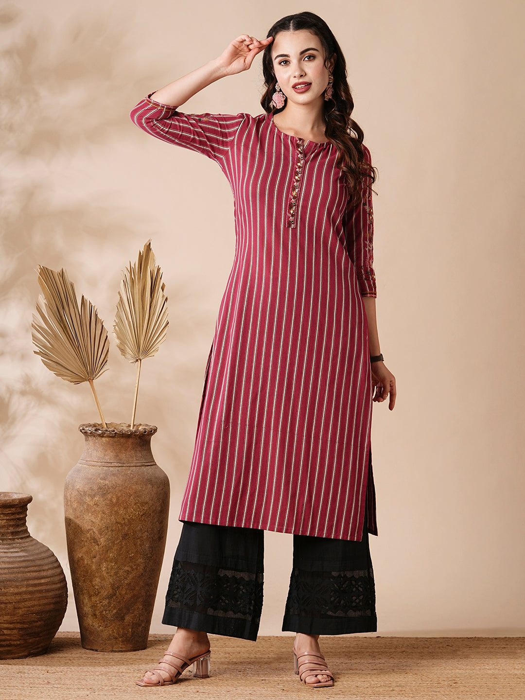 Stripes Printed Resham & Beads Embroidered Kurta - Magenta