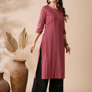 Stripes Printed Resham & Beads Embroidered Kurta - Magenta