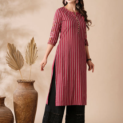 Stripes Printed Resham & Beads Embroidered Kurta - Magenta