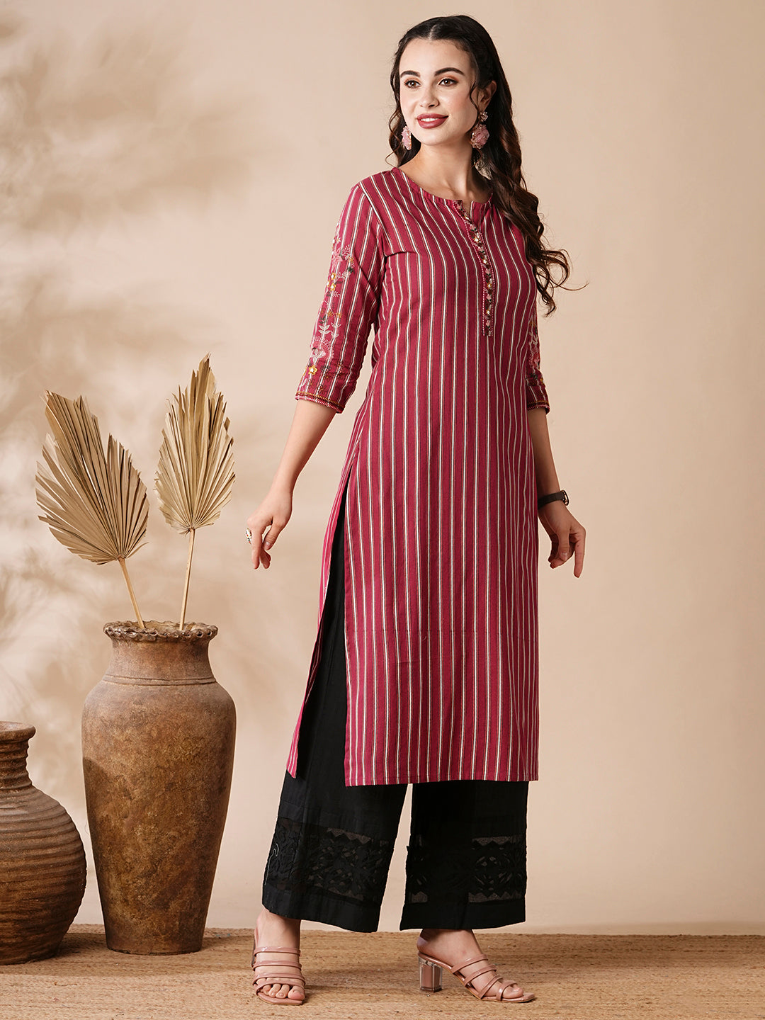 Stripes Printed Resham & Beads Embroidered Kurta - Magenta