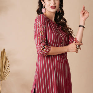 Stripes Printed Resham & Beads Embroidered Kurta - Magenta