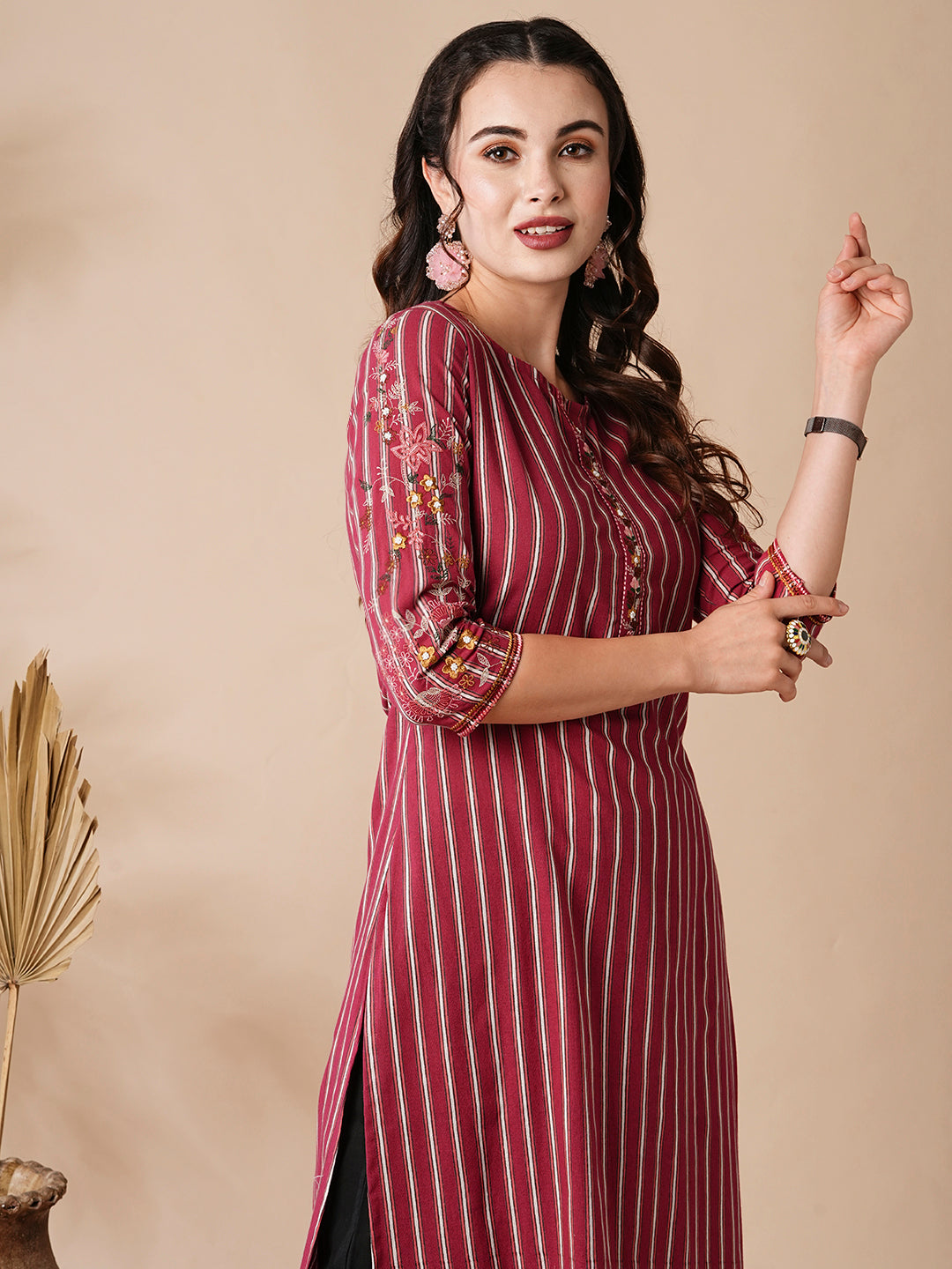 Stripes Printed Resham & Beads Embroidered Kurta - Magenta