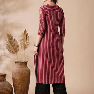 Stripes Printed Resham & Beads Embroidered Kurta - Magenta