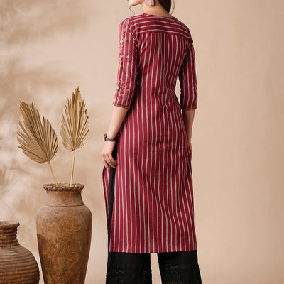 Stripes Printed Resham & Beads Embroidered Kurta - Magenta