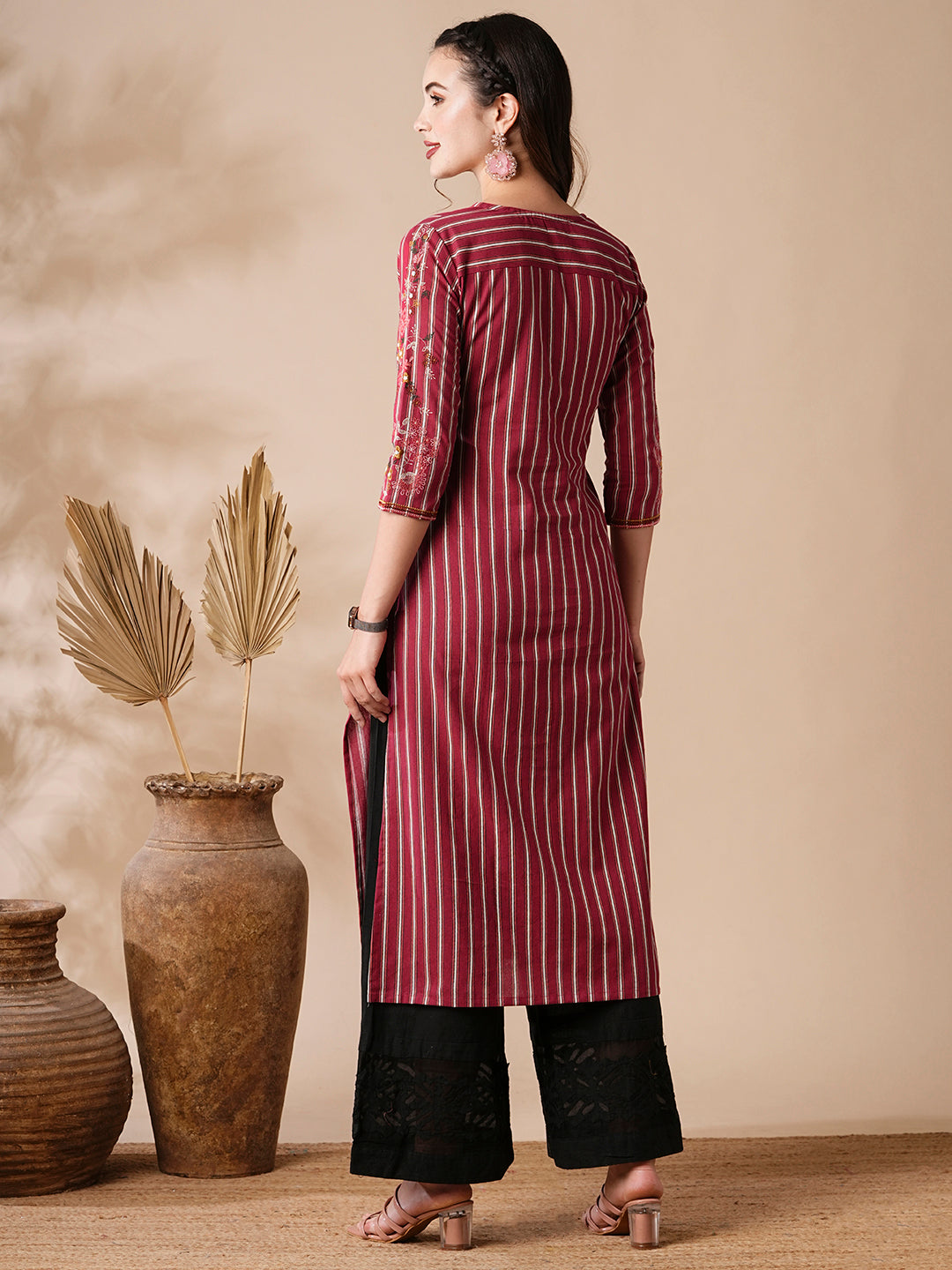 Stripes Printed Resham & Beads Embroidered Kurta - Magenta