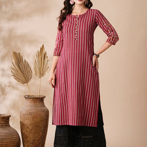 Stripes Printed Resham & Beads Embroidered Kurta - Magenta