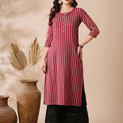 Stripes Printed Resham & Beads Embroidered Kurta - Magenta