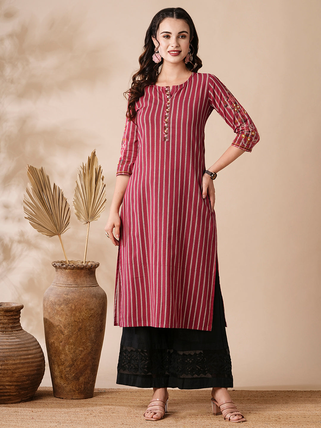 Stripes Printed Resham & Beads Embroidered Kurta - Magenta