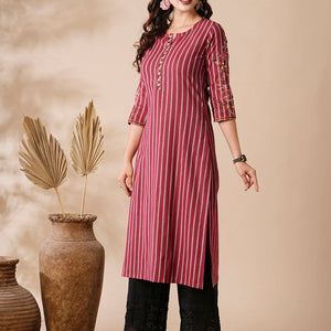 Stripes Printed Resham & Beads Embroidered Kurta - Magenta