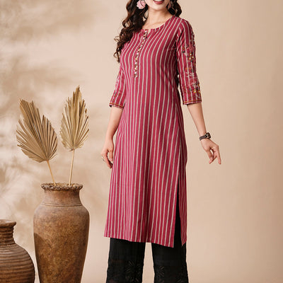 Stripes Printed Resham & Beads Embroidered Kurta - Magenta