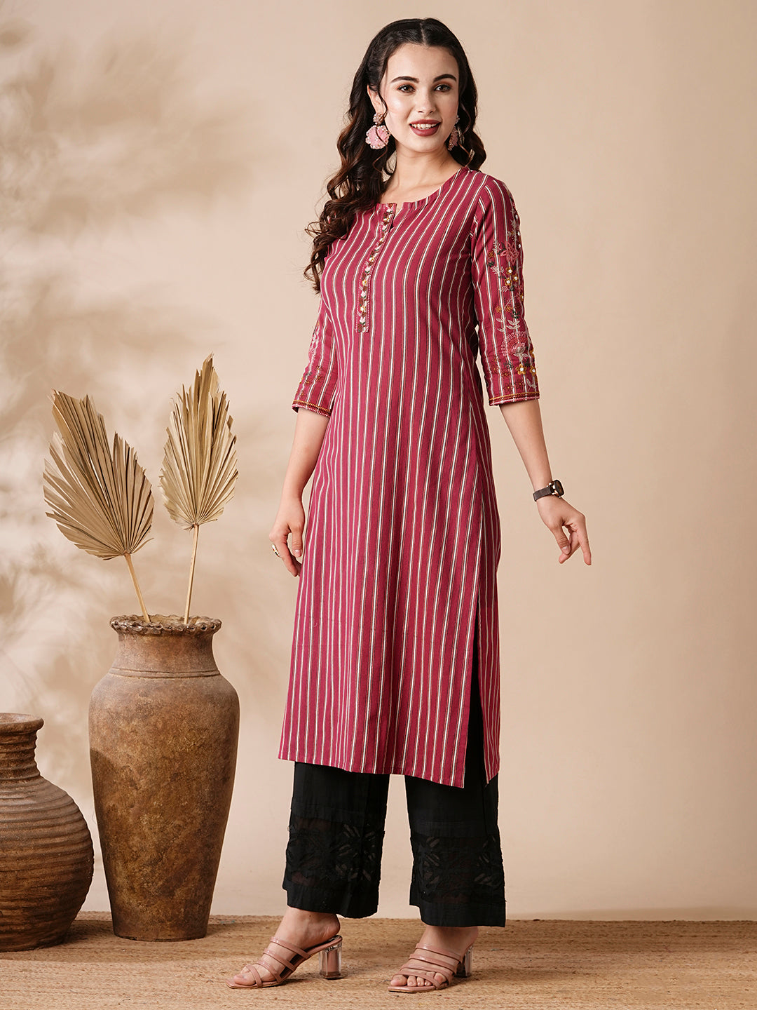 Stripes Printed Resham & Beads Embroidered Kurta - Magenta