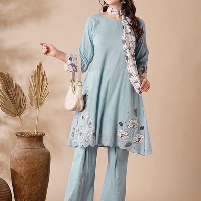 Solid Mirror & Applique Embroidered Cotton Kota Kurta with Waistbelt & Flared Pants - Blue
