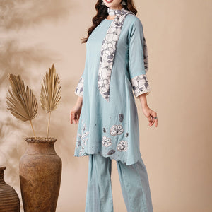 Solid Mirror & Applique Embroidered Cotton Kota Kurta with Waistbelt & Flared Pants - Blue