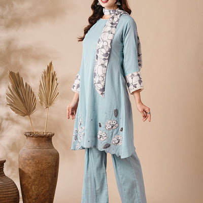 Solid Mirror & Applique Embroidered Cotton Kota Kurta with Waistbelt & Flared Pants - Blue