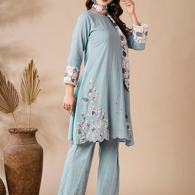 Solid Mirror & Applique Embroidered Cotton Kota Kurta with Waistbelt & Flared Pants - Blue