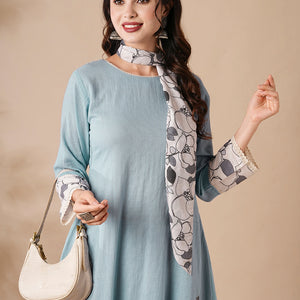 Solid Mirror & Applique Embroidered Cotton Kota Kurta with Waistbelt & Flared Pants - Blue