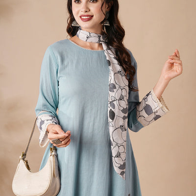 Solid Mirror & Applique Embroidered Cotton Kota Kurta with Waistbelt & Flared Pants - Blue
