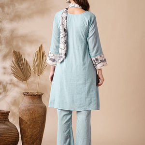 Solid Mirror & Applique Embroidered Cotton Kota Kurta with Waistbelt & Flared Pants - Blue
