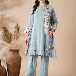 Solid Mirror & Applique Embroidered Cotton Kota Kurta with Waistbelt & Flared Pants - Blue