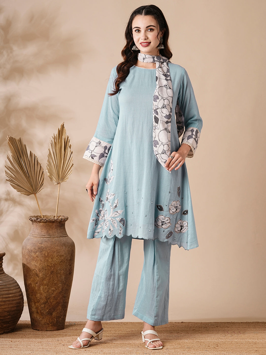 Solid Mirror & Applique Embroidered Cotton Kota Kurta with Waistbelt & Flared Pants - Blue