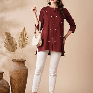 Solid Resham & Beads Embroidered High-Low Hem Kurti - Red