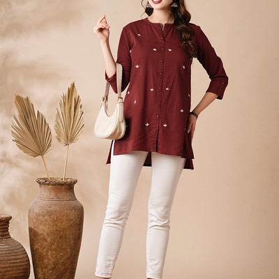 Solid Resham & Beads Embroidered High-Low Hem Kurti - Red