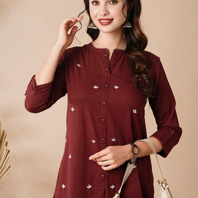 Solid Resham & Beads Embroidered High-Low Hem Kurti - Red