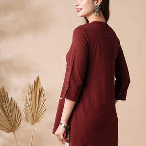 Solid Resham & Beads Embroidered High-Low Hem Kurti - Red