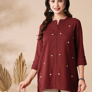 Solid Resham & Beads Embroidered High-Low Hem Kurti - Red
