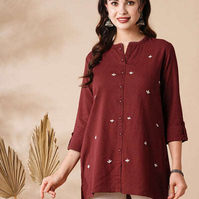 Solid Resham & Beads Embroidered High-Low Hem Kurti - Red
